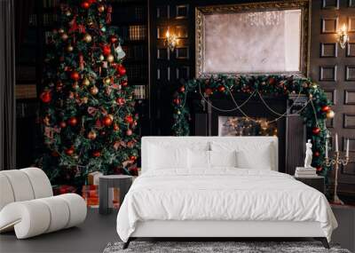 Stylish interior of room with beautiful Christmas fir tree and decorative fireplace Wall mural