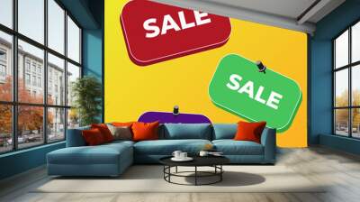 A combination of multi-colored cards attached to the wall with stationery buttons, a sales concept for stores with the inscription SALE on a yellow background. Illustration of the sales conce Wall mural