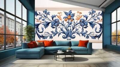 A floral border with blue decorative tiles. Wall mural