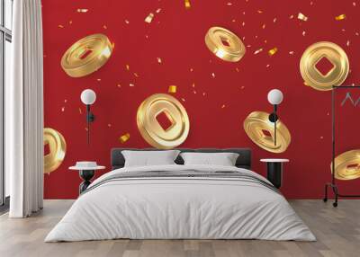 Asian traditional coins with confetti flying on red background .Chinese gold coin with square hole. Vector illustration Wall mural