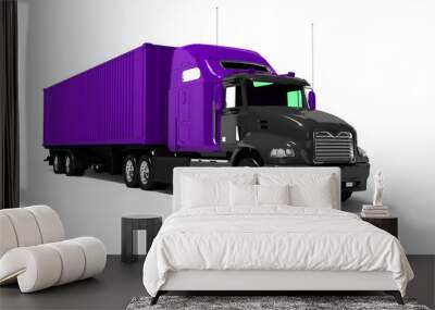 Black truck with purple trailer for long trips with goods abroad 3d render on white background with shadow Wall mural