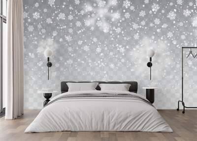 Christmas snow. Falling snowflakes on transparent background. Snowfall. Vector illustration Wall mural