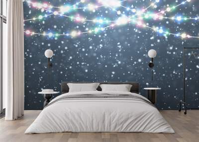 Christmas snow. Falling white snowflakes on dark background. Xmas Color garland, festive decorations. Glowing christmas lights. Vector snowfall, snowflakes flying in winter air Wall mural