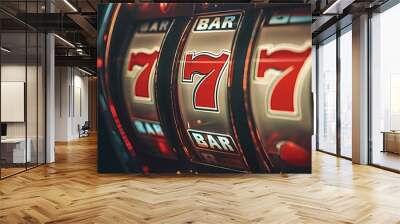 Close up of a slot machine showing three lucky sevens, indicating the jackpot has been won. The image evokes the excitement and thrill of gambling Wall mural