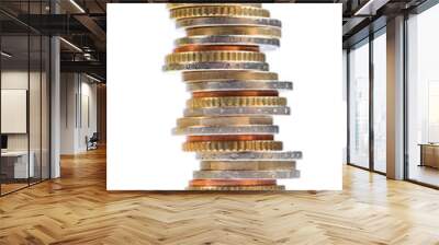 Coins stacked on each other in different positions on a white background Wall mural