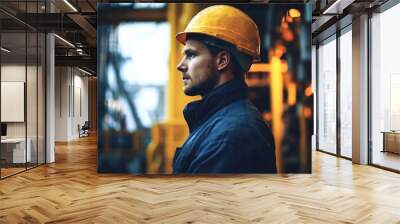 Confident construction worker in yellow hard hat oversees busy job site with heavy machinery, showcasing expertise in blue-collar industry Wall mural