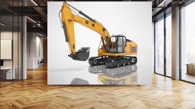 Construction equipment one bucket excavator with hydraulic mechpatoy on metal driven tracked 3d render on gray background with shadow Wall mural