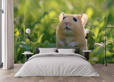 Cute hamster is standing on its hind legs in a field of lush green grass Wall mural