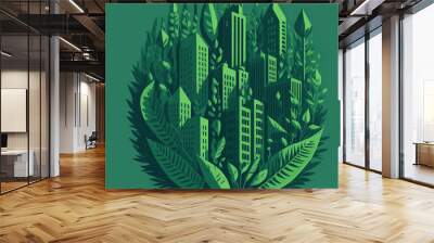 Eco city. Ecological concept of green city. Green town icon. Eco city vector illustration dark tones. Wall mural