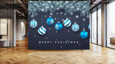 Festive Christmas or New Year Background. Christmas fir-tree branches with confetti and xmas blue balls. Holiday's Background. Vector illustration Wall mural