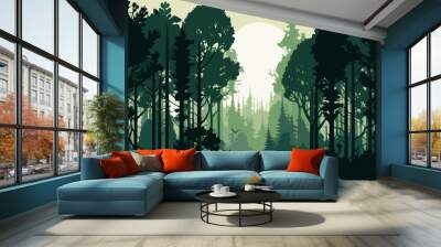 Forest landscape. Panorama of the forest. Eco forest. Green Forest. Vector illustration of a green forest. Wall mural