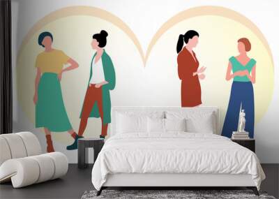 Four young women or girls dressed in fashionable clothes stand together. A group of friends or feminist activists. Female characters isolated on a light gradient background. Flat color vector illustra Wall mural