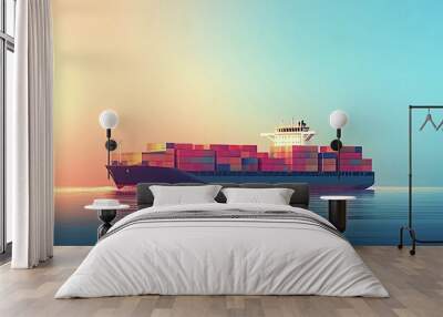 Large container ship is sailing on the ocean at sunset, transporting goods across the world. The image evokes feelings of tranquility and the vastness of the sea Wall mural