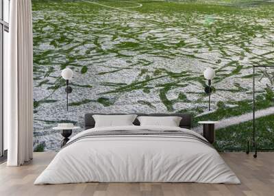 The football field with artificial green grass is covered with a light layer of snow. Early spring. Green grass on the football field is visible from under the snow. Amateur football field Wall mural