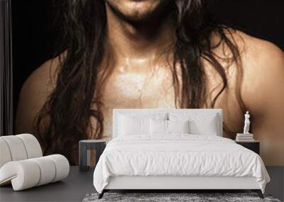 Handsome sport masculed sexy stripped guy  with white towel on isolated black background font Wall mural