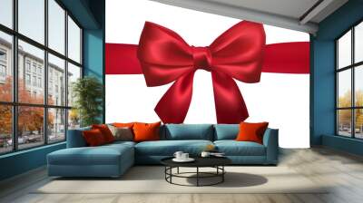 Realistic red bow with horizontal red ribbons isolated on white. Element for decoration gifts, greetings, holidays. Vector illustration Wall mural