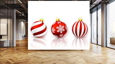 Red Christmas ball set. Xmas glass ball on white background. Holiday decoration template. Vector illustration Wall mural