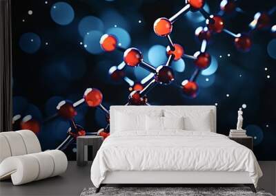 Red molecule structure is floating in a dark blue science background with blurry white lights. The molecule is made of red spheres connected by silver rods Wall mural