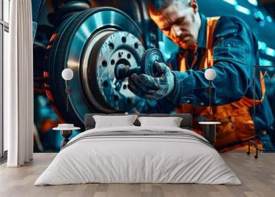 Repairman in uniform working with brake disc in auto repair shop. Auto service industry. Wall mural