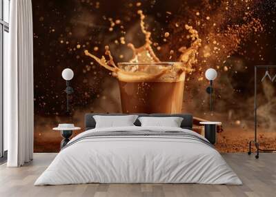 Steaming glass of coffee splashing on a wooden table surrounded by coffee powder, cinnamon sticks and brown sugar Wall mural