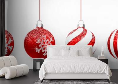 Transparent and Red Christmas ball with snow effect set. Xmas glass ball on white background. Holiday decoration template. Vector illustration Wall mural