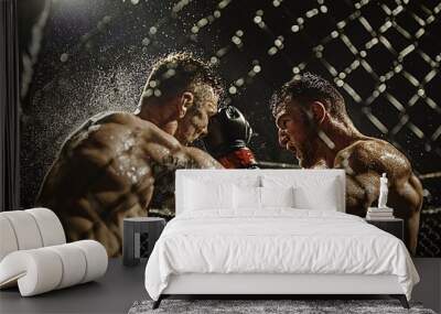 Two muscular mma fighters exchanging punches in an octagon cage during a championship fight Wall mural