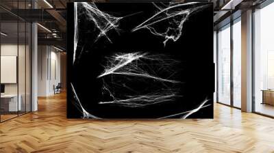 Overlay the cobweb effect. A collection of spider webs isolated on a black background. Spider web elements as decoration to the design. Halloween Props Wall mural