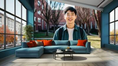 Campus Joy Happy Asian Student Smiling at Camera Outdoors Wall mural