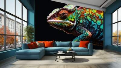 multicolored chameleon with iridescent skin in speckles over black background Wall mural