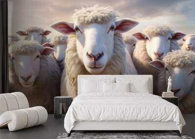  A peaceful image of a flock of sheep, capturing their fluffy white wool and calm demeanor.  Generative AI technology. Wall mural