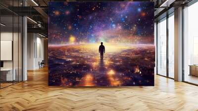  An illustration of a person walking on a cosmic pathway, with galaxies and stars paving their way,  Generative AI technology. Wall mural