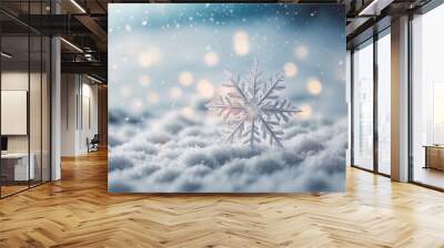  Beautiful decorative snowflake in the snow against against a blue natural background with falling snow and bokeh. Christmas winter background for design. Wall mural