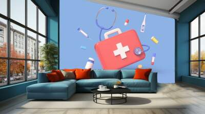 3d first aid kit, plastic bottle for pills, syringe, thermometer, stethoscope, capsules in cartoon style. concept of medicine and healthcare. illustration isolated on blue background. 3d rendering Wall mural