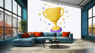 3d golden trophy cup and stars, confetti around in cartoon style. concept of victories or reward for achieving goals. realistic illustration isolated on white background. 3d rendering Wall mural