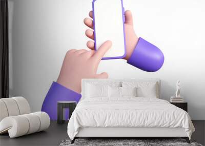 3d hand holding a mobile phone. cartoon character index finger in realistic style isolated on purple background. elements for banner design. 3D Rendering Wall mural