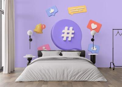 3d hashtag icon, search symbol on notification icon, bell, heart, thumbs up. the concept of communication in social networks. digital marketing. illustration on purple background. 3d rendering Wall mural