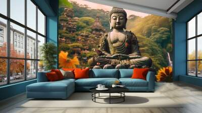 A buddha statue sitting on top of a lush greenery. Generative AI Wall mural