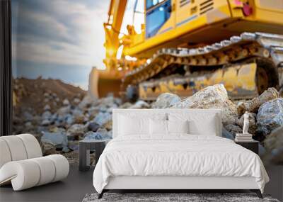 A bulldozer clears stones from a construction site, preparing the area for the construction of a new house or road. Wall mural