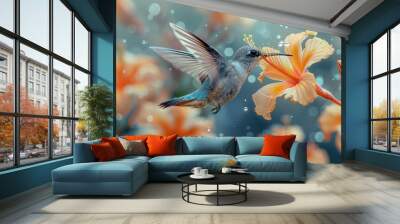 A close-up of a delicate hummingbird sipping nectar from a bright flower, its wings a blur of motion Wall mural