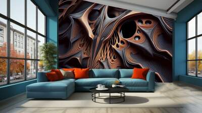 A complex, multi-layered pattern of interlocking shapes that resembles a Bat's face.  Generative AI technology. Wall mural