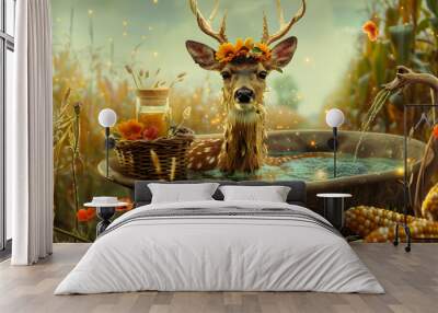 A deer with a flower crown is soaking in a meadow grass tub. wearing a sarong and drinking cider from a horn cup next to it. The deer has antlers that spread wide Wall mural