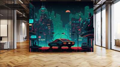 A digital art of a city with neon lights and a neon sign that says neon
 Wall mural