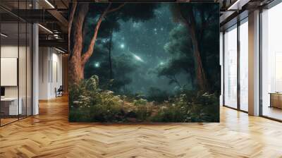 A dreamy forest with a glowing full moon and stars peeping through the branches. Generative AI technology Wall mural