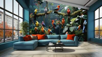 A dynamic shot capturing a group of birds in mid-flight, their wings creating a mesmerizing ballet against the backdrop of tropical blooms. Wall mural