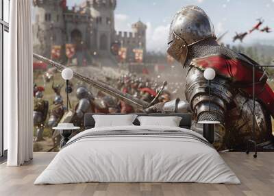 A fierce medieval battle between knights in shining armor, set in a vast open field with a castle in the background Wall mural