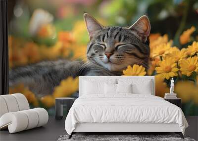 A fluffy tabby cat lounging among a bed of yellow tulips and orange gerbera daisies, Wall mural