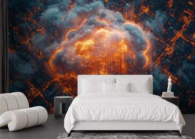 A glowing cloud surrounded by secure encryption locks, Wall mural