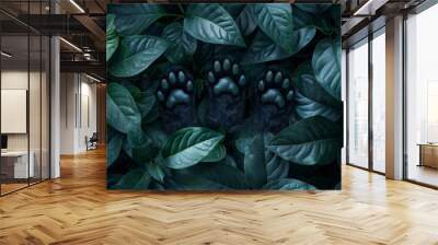 A graphic illustration of paw prints of a jungle cat transforming into lush jungle leaves, emphasizing their stealthy nature, Wall mural