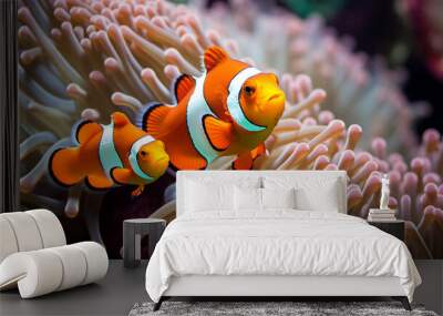 a group of clown fish swimming around anemone in an aquarium. ai generative Wall mural