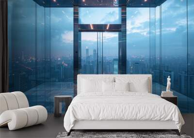 A high-tech elevator with transparent glass walls, offering a panoramic view of the city, Wall mural